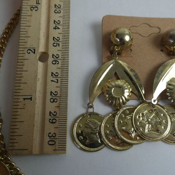 Boho International Festival Faux Coin Gold Tone Necklace Dangly Earrings Set - Picture 7 of 10